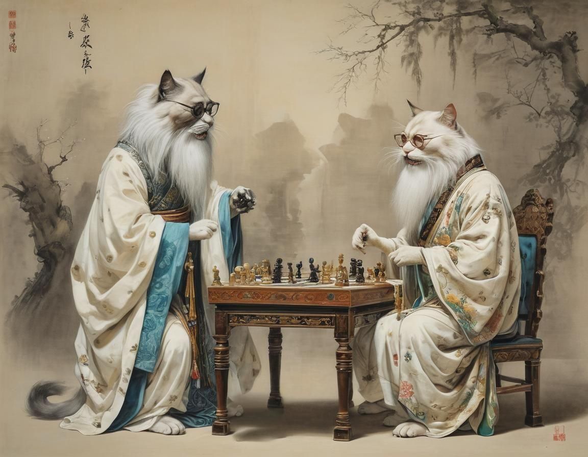 Wise cats playing chess  by @YukiKenji