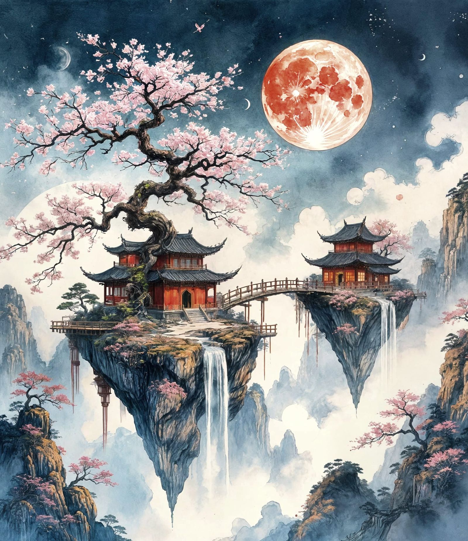 Avatar style Floating islands connected with rickety bridge, fractal, cherry blossom, ancient gnarly ...  by @Shimmeringcosmos