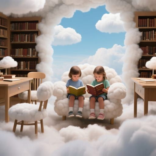 Crie uma biblioteca nas nuvens, onde as cadeiras e as mesas sejam feitas de nuvens fofas e aconchegante, ...  by @ouvira33