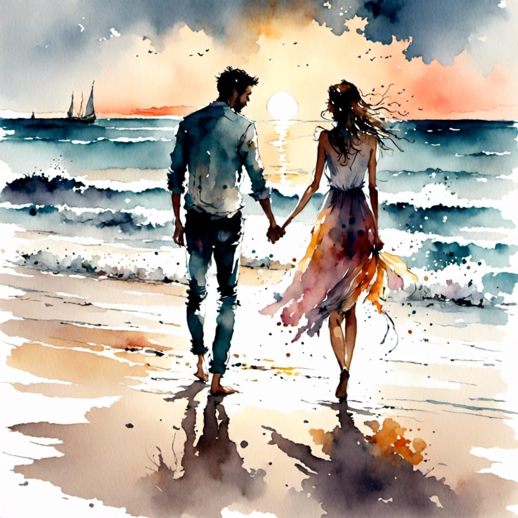 <lora:Dreamy Watercolor:1.0> Beautiful couple kissing at seashore