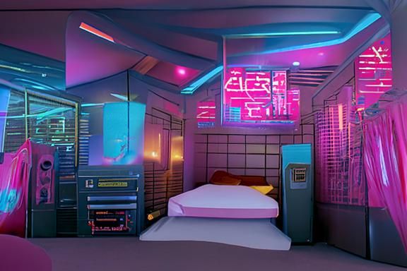 Futuristic hyperdetailed cyberpunk bedroom