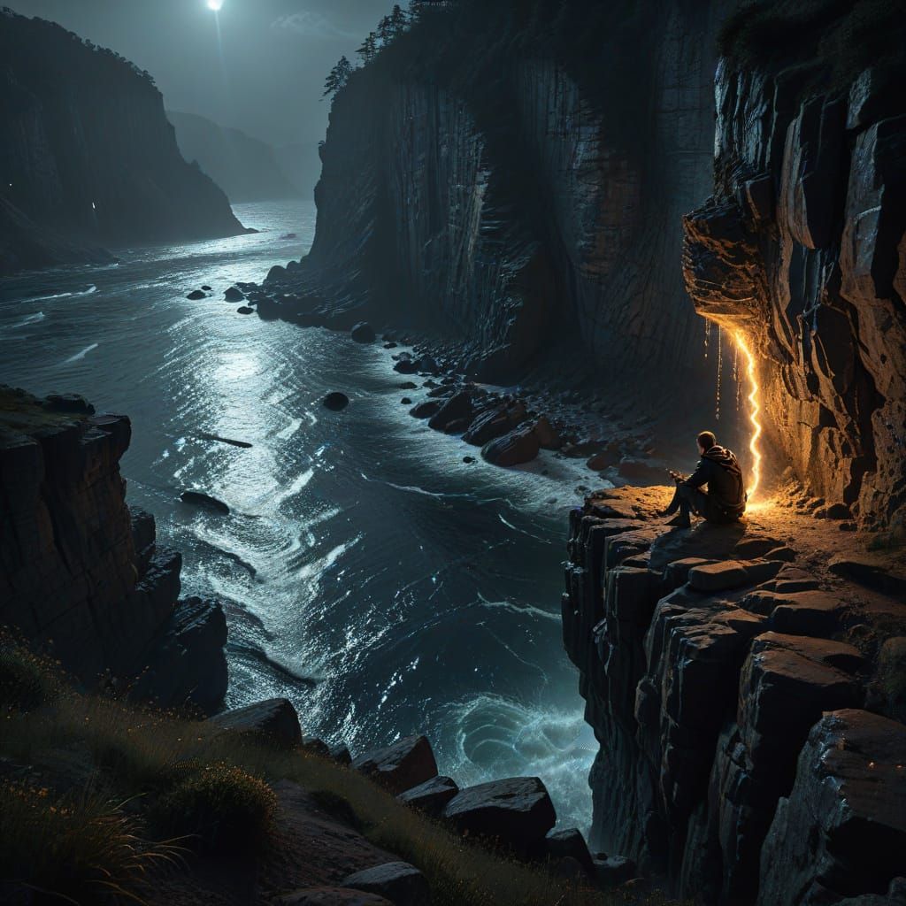 Man Overlooks River, Releasing Silver Tear in Cinematic Land...