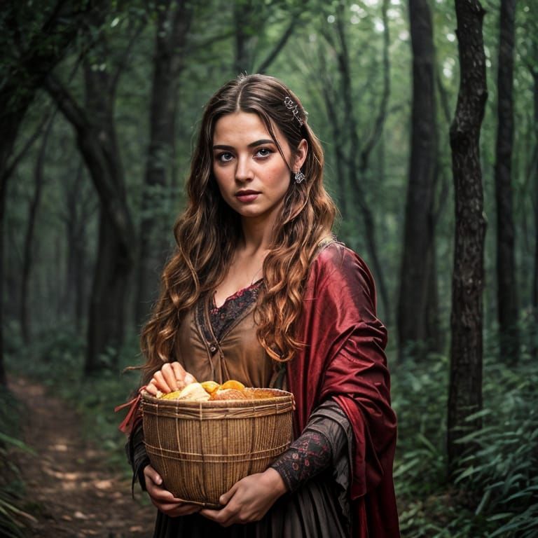 Red Hood Portrait in Forest with Basket