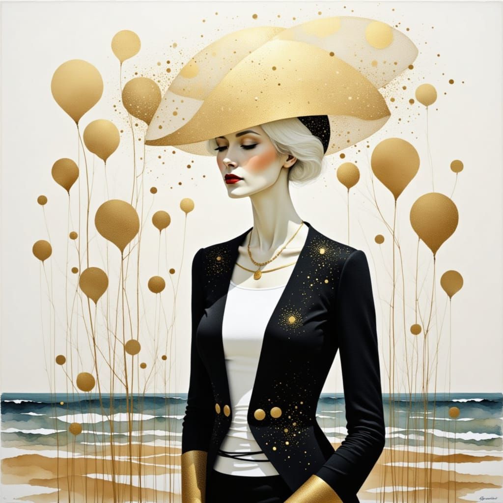 "Richard Burlet; Minimalist, woman in a seashore nature illustration; surreal; white and gold color; high key, goth punk girl, no signature!...