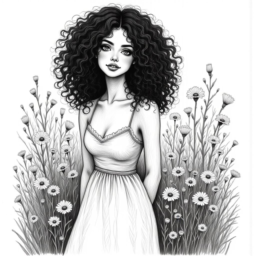 <lora:Art Crayon Drawing:1.0> beautiful woman, with curly pretty hair, dark eyes, and  dress, in a flowery garden.. ., art style crayon draw...