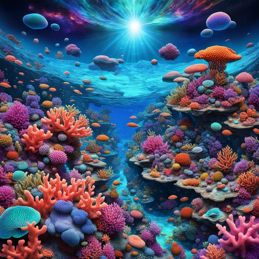An abysmal deep ocean of bright multicolored coral looking in a down ward fashion into the depths as ...  by @SnaFu