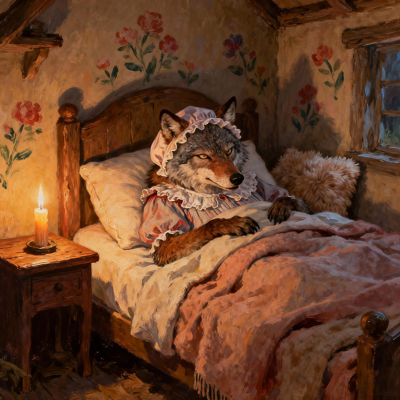 A wolf disguised as Red Riding Hood’s grandmother, wearing a frilly nightgown and bonnet, tucked into ...  by @Kosh