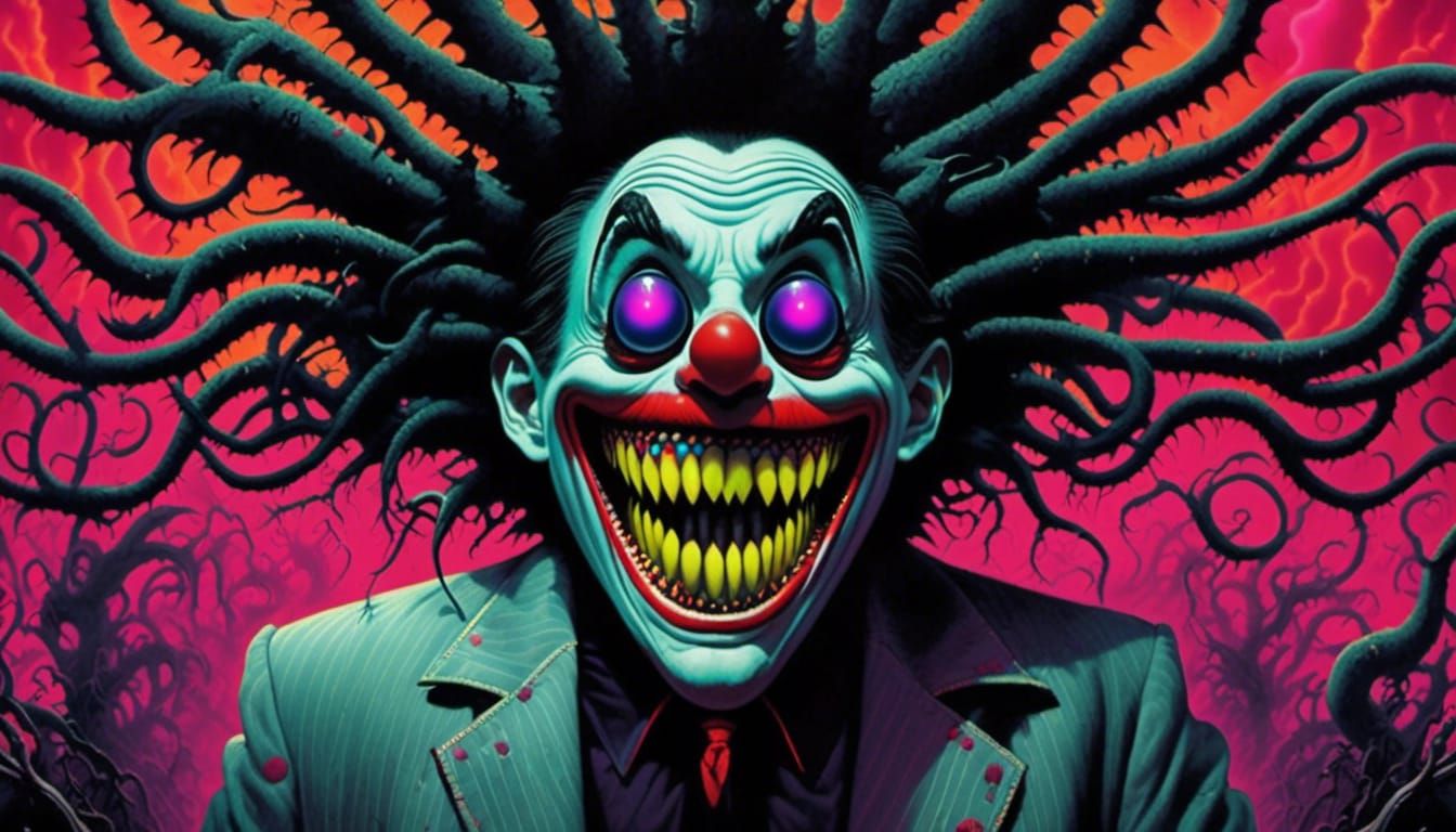 <lora:Cartoonishly Evil:1.0> Dark, colorful, ominous atmosphere, decrepit haunted house, sinister shadows, twisted creatures lurking, inspi...