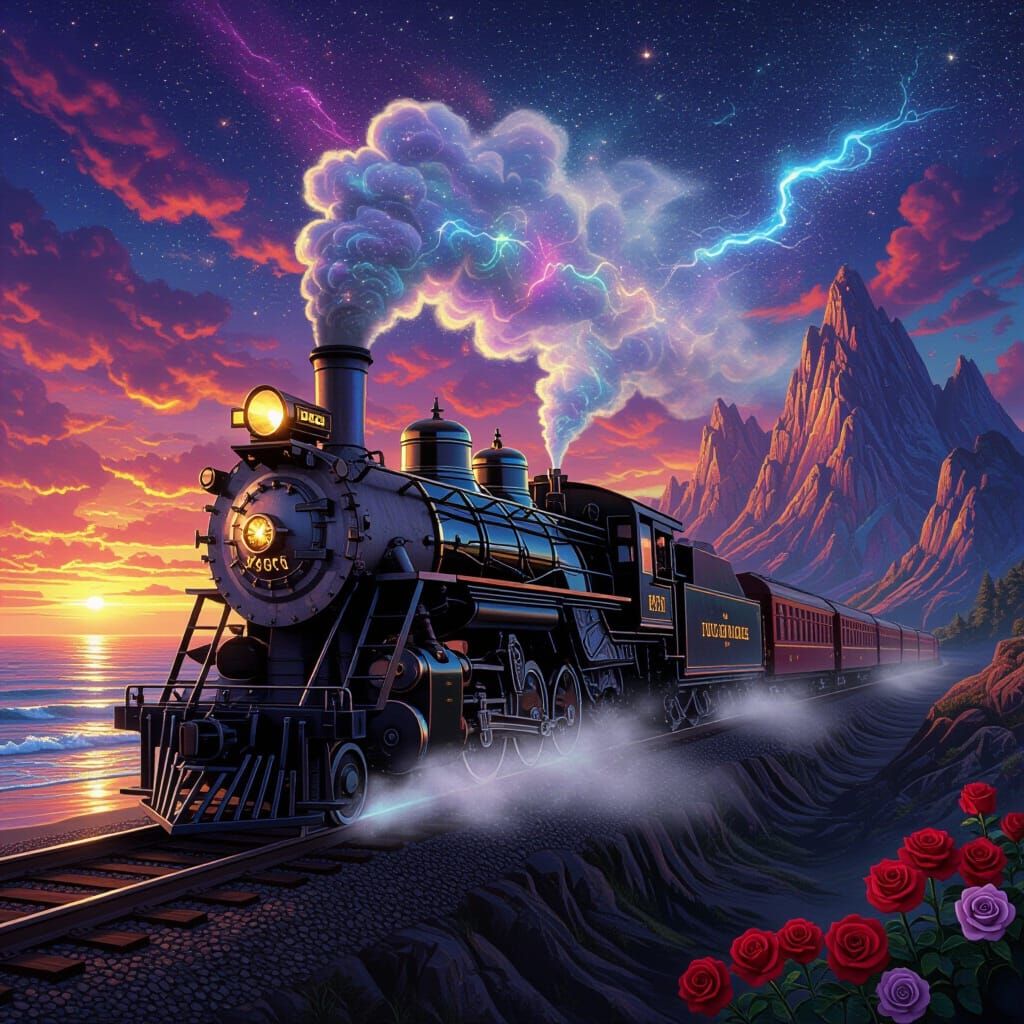 Magical Vintage Steam Train on Dreamlike Coastline