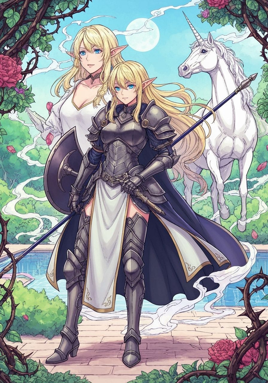 d&d, 2d, full body, three quarters shot, anime key visual, vibrant colors, dynamic pose, blue eyes, gold blonde hair, po...