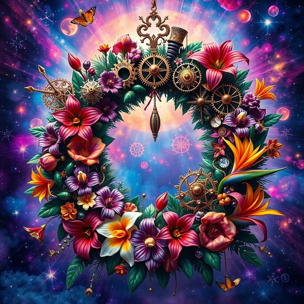 A steampunk Christmas wreath, with gears and exotic flowers, very floral and cheerful
  by @Hereami