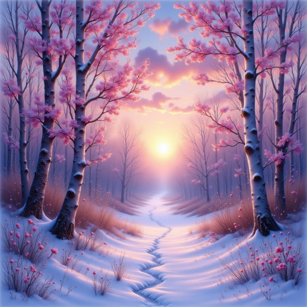 <lora:Watercolor style:1.0> Align left A cluster or birch trees in autumn snow at sunrise with a pink glow