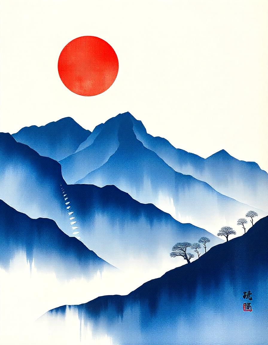 Mountain landscape with indigo ink