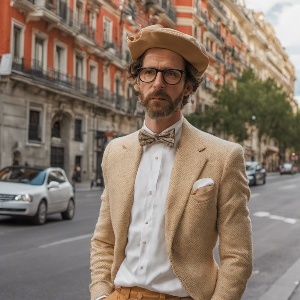 hombre musculoso paseando por Madrid ropa blanca vaporosa We...