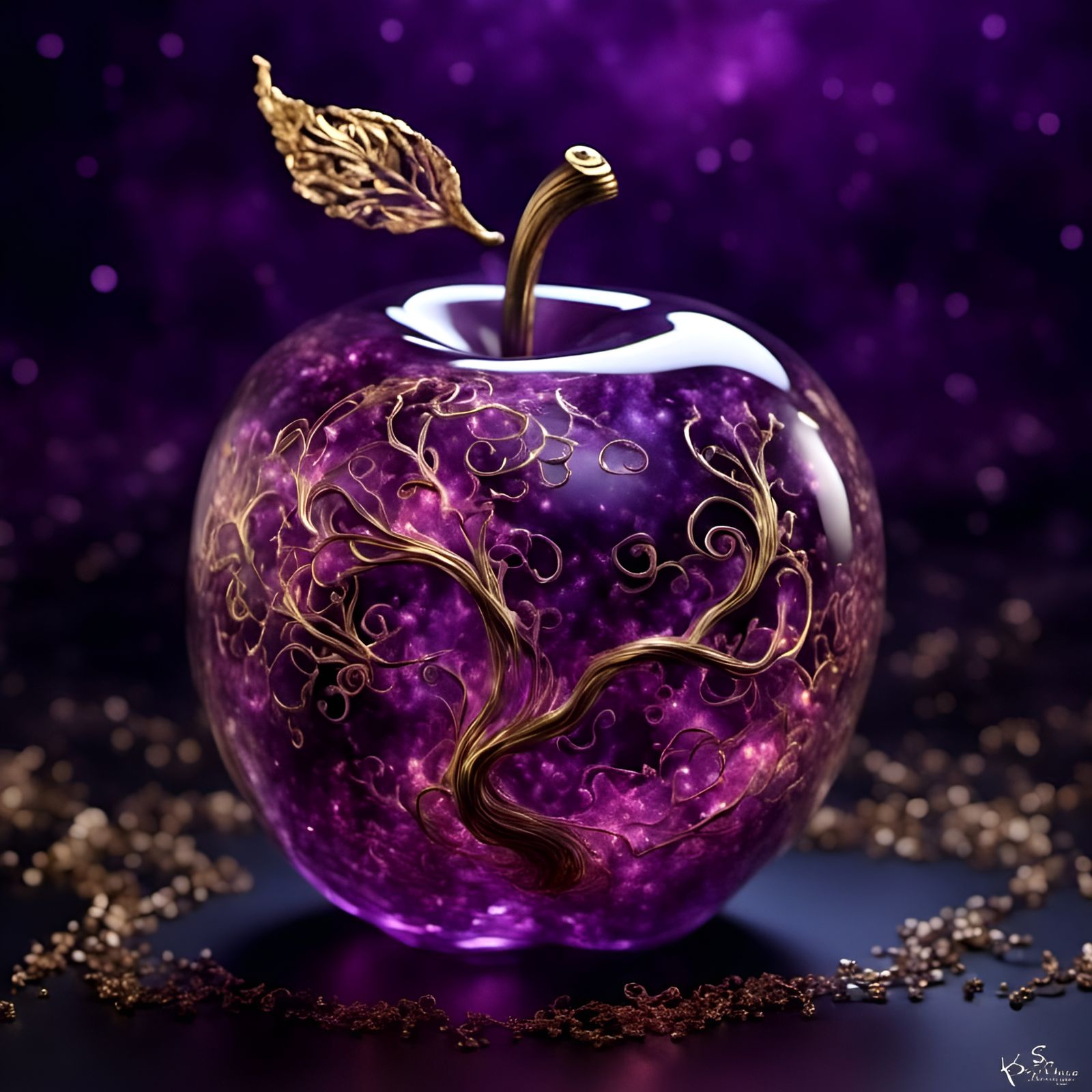Glowing glass apple <lora:Mnemcore:1.0> fibers and filigree,...