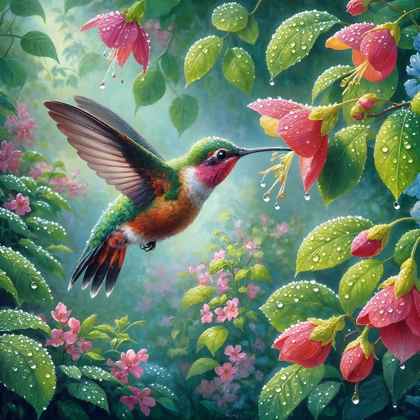 Hummingbird feeding on nectar after a morning rain  by @Revenant_