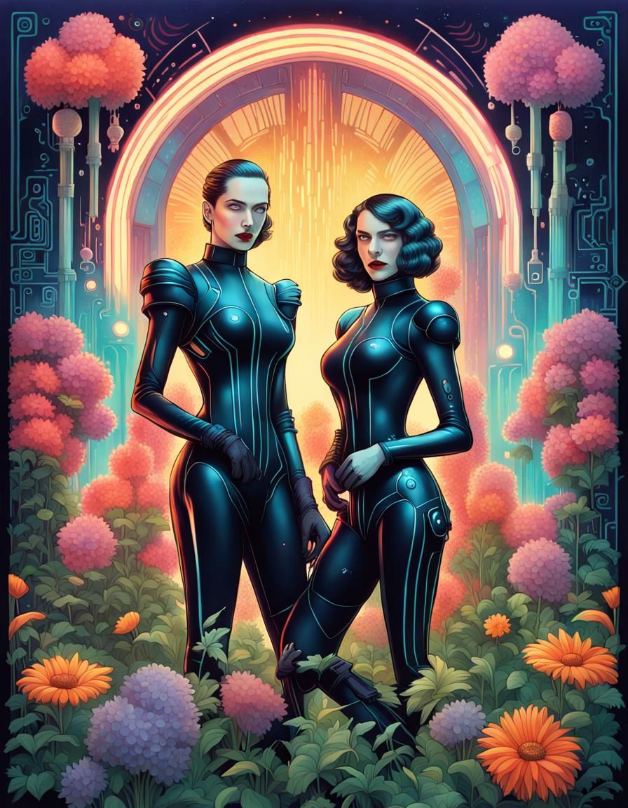 An ornate art deco gothic movie poster of two beautiful joyf...