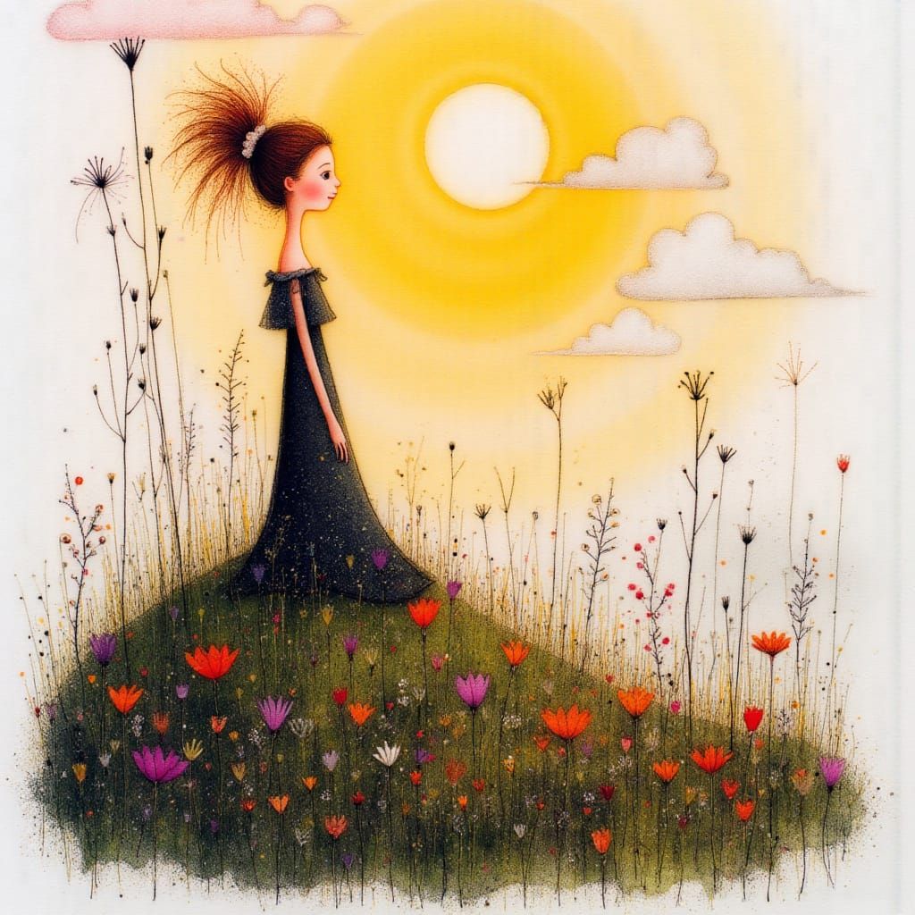 Mystical Nature elemental sitting on a hill at sunrise in spring. This artwork harmoniously blends charcoal sketch style with vibrant colour...