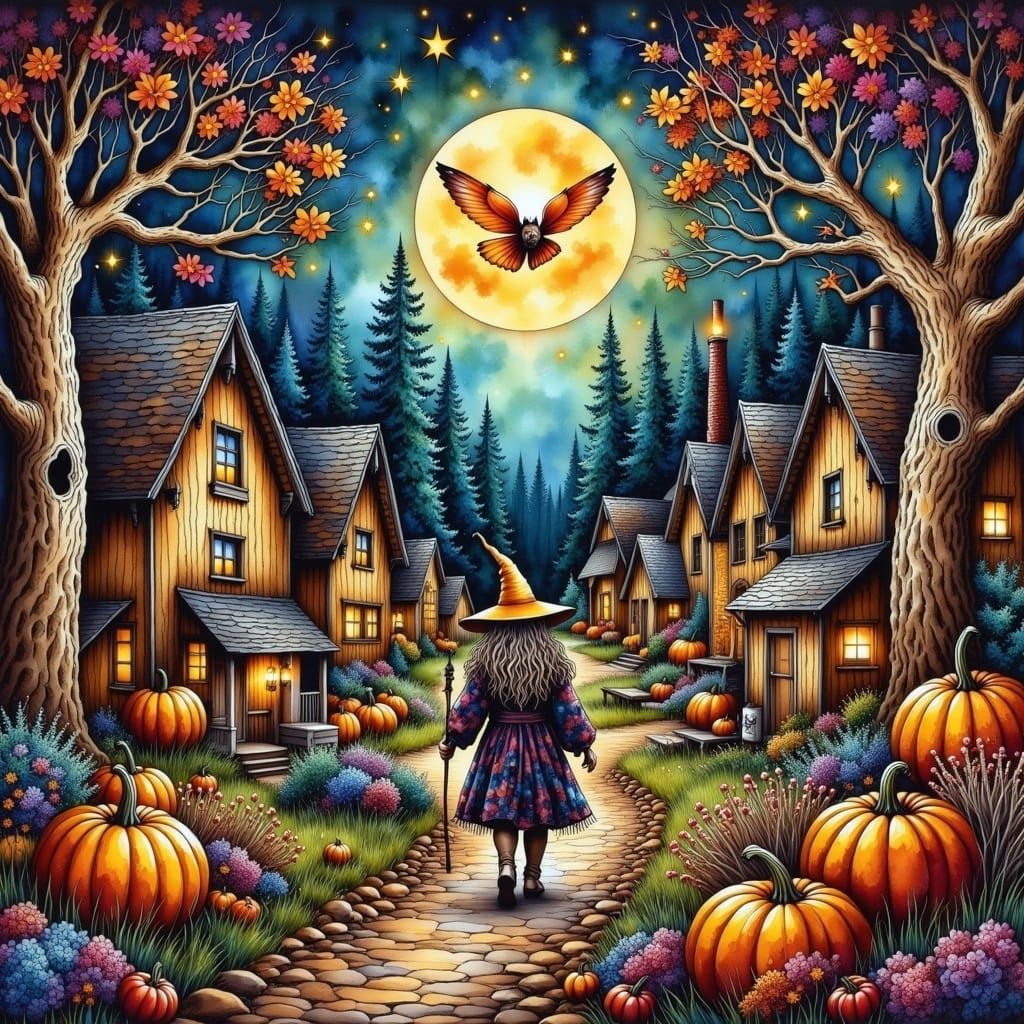 <lora:WatercolorPaintiFlux:1.0> Magical Halloween village in an enchanting English Forest, full moon, zentangle, naive art, intricately deta...