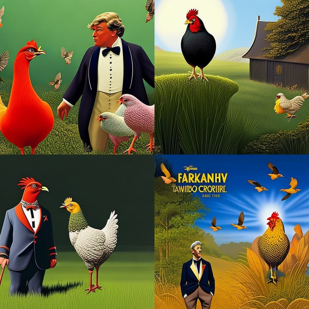 Large, stately, exquisite chicken in a tuxedo jacket with a cane