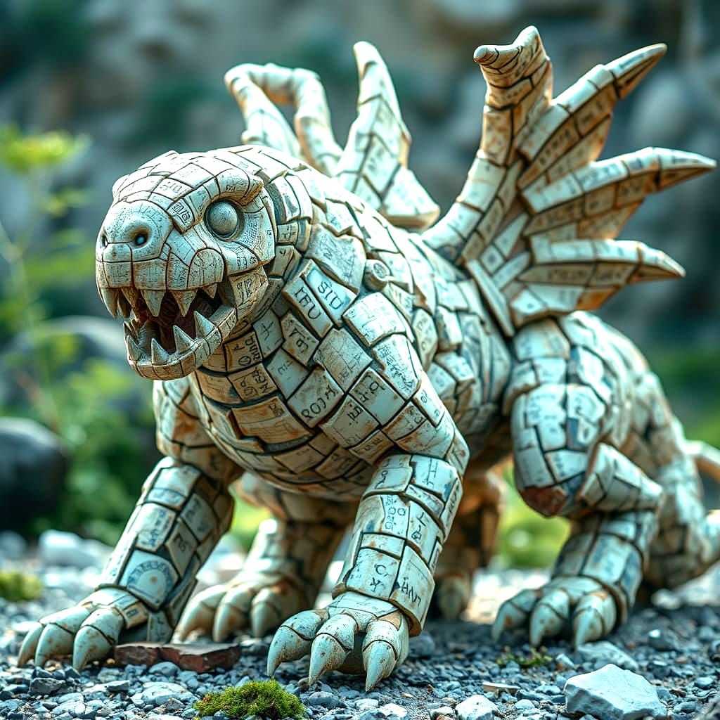 A massive creature made of fragments of pottery and porcelain, with ancient inscriptions decorating its ...  by @Wirgraff