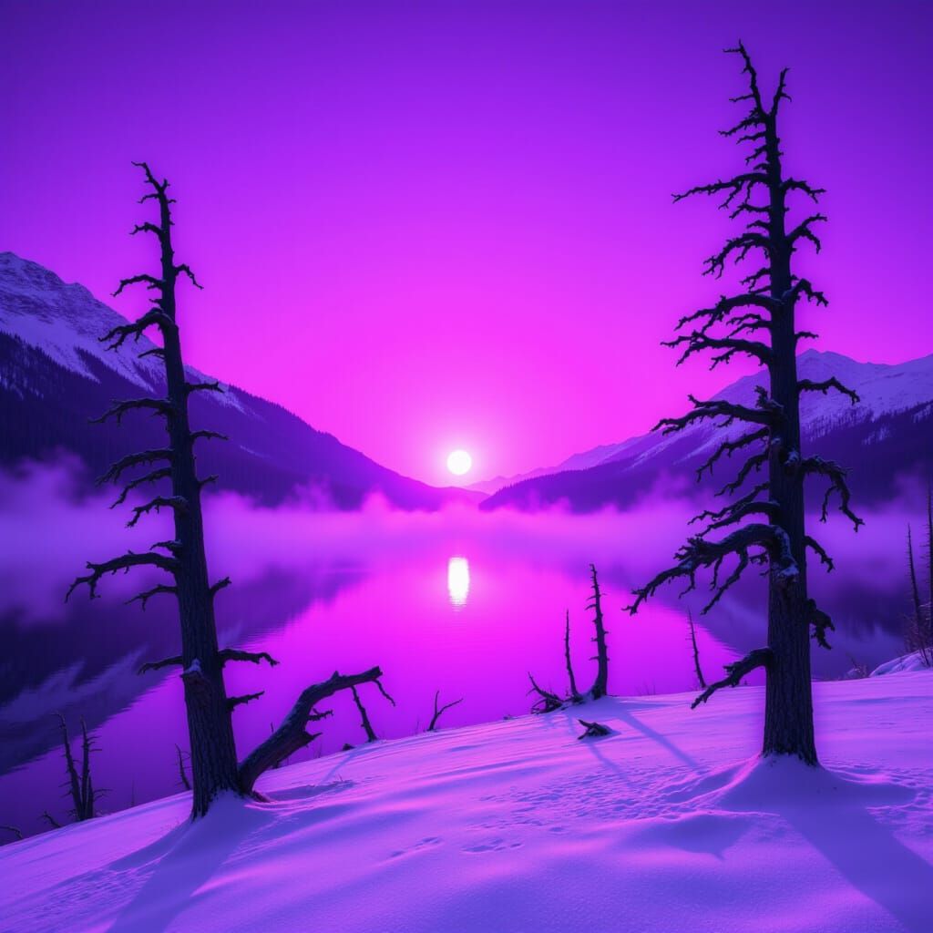 <lora:Purple Haze:1.0> Concept art, medium shot of a magical, vivid purple haze sunrise over a serene snow-covered mountain lake with striki...
