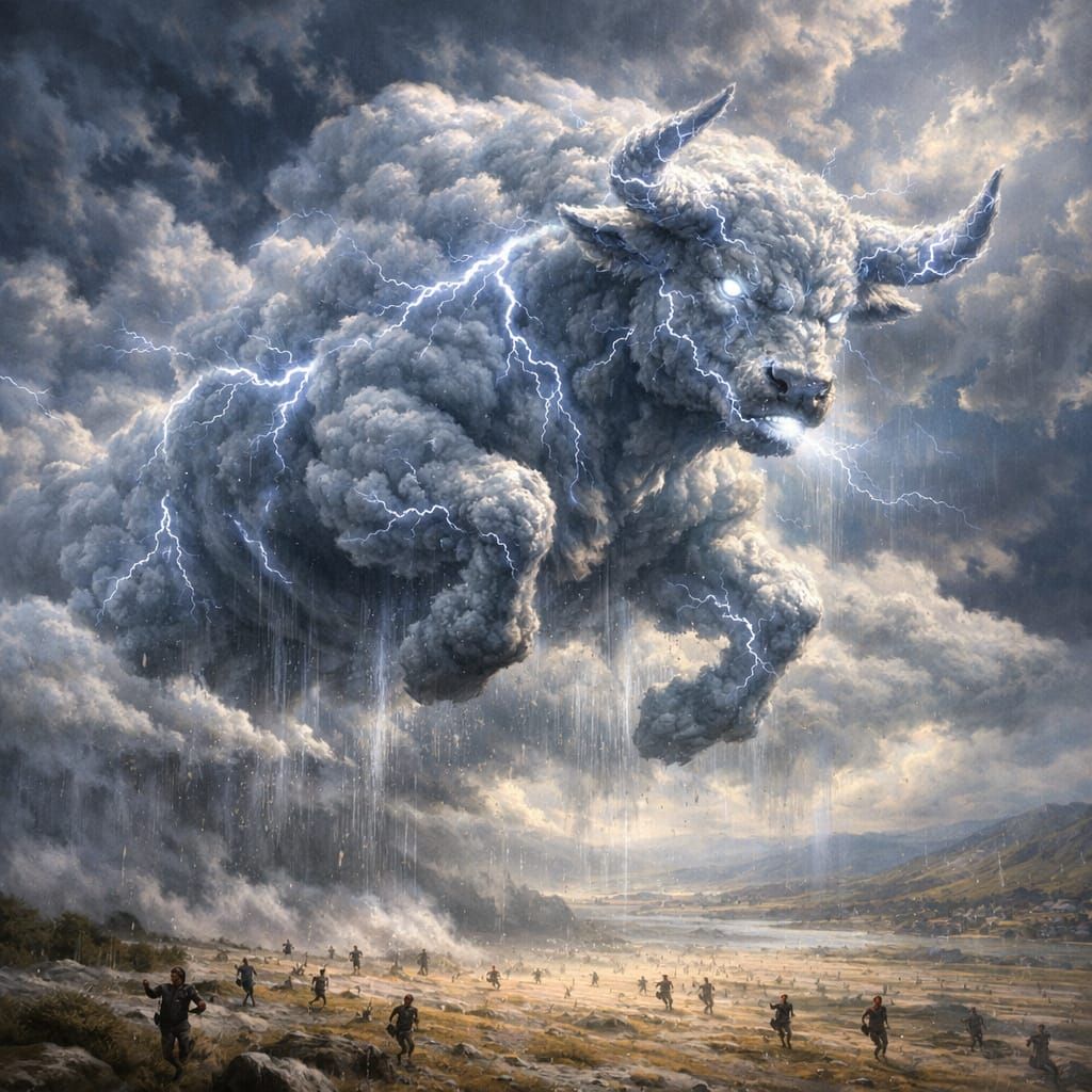 A colossal celestial bull born from rolling thunder and blinding lightning charges across the sky. Its ...  by @Likvi
