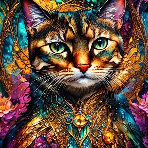 Epic <lora:Fantasy Inkling:1.0> closeup of a beautiful fantasy cat, alcohol-ink masterpiece, clean lines,  sharp focus