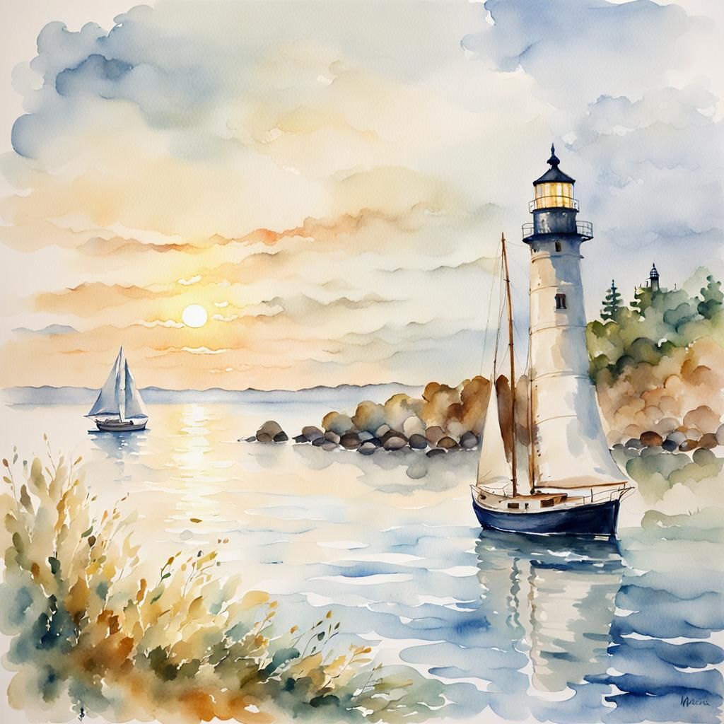 Watercolor painting of a scenic bay with a vintage sailboat and old lighthouse. Medium shot. In the style ...  by @Adalovelace