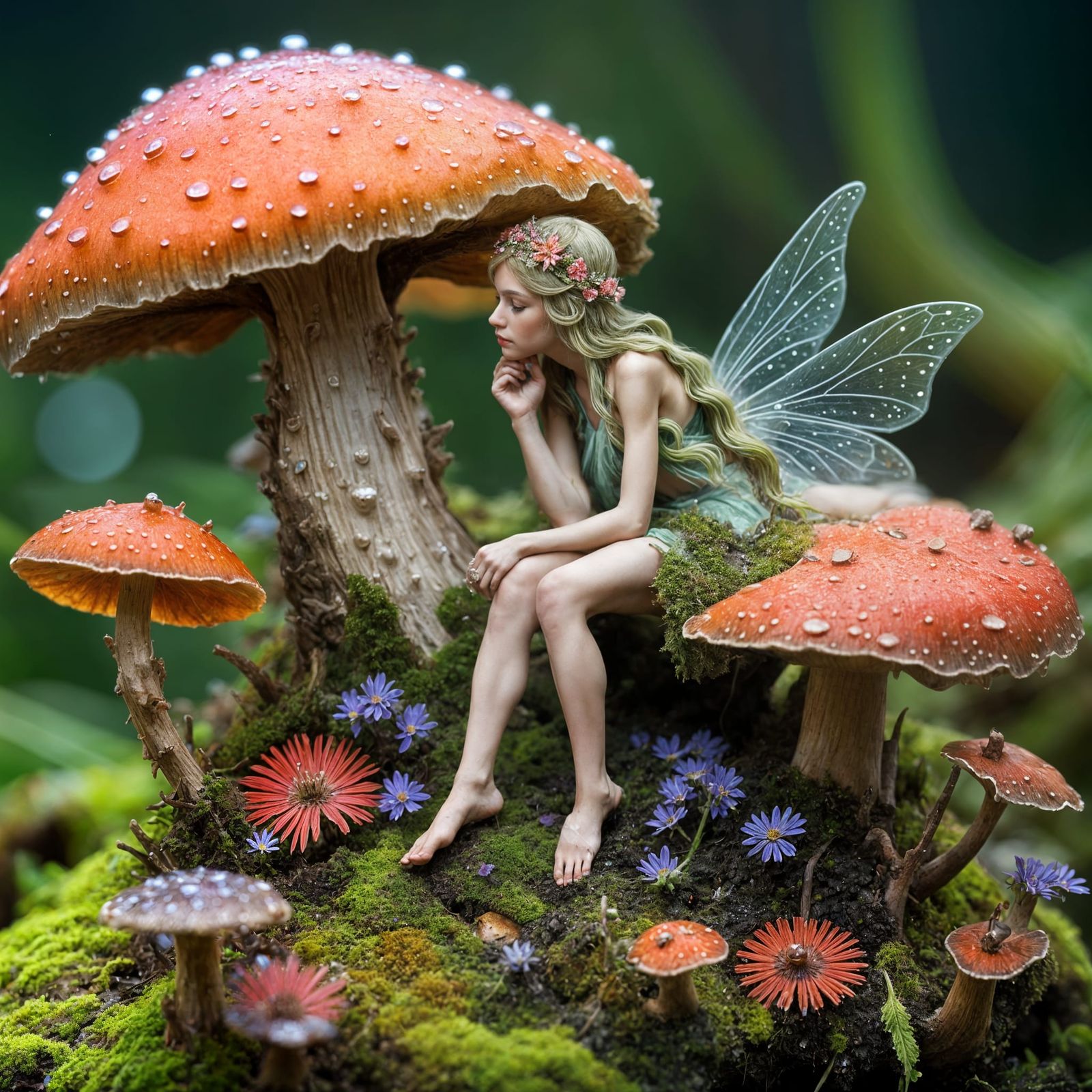 Macro photography of a tiny fairy sitting on a mushroom. Dew drops reflect the morning light.  by @MasAllaHechosIlusion