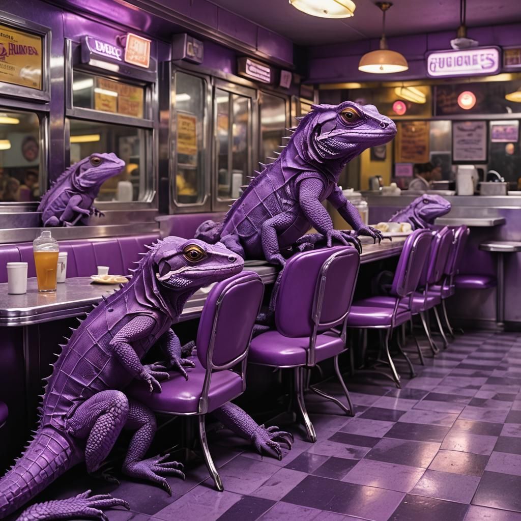 Purple lizards,in a purple diner in a purple city