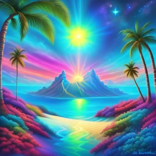A neon Hawaiian island with sandy beaches <lora:Vibrant Landscapes:1.0> at midnight