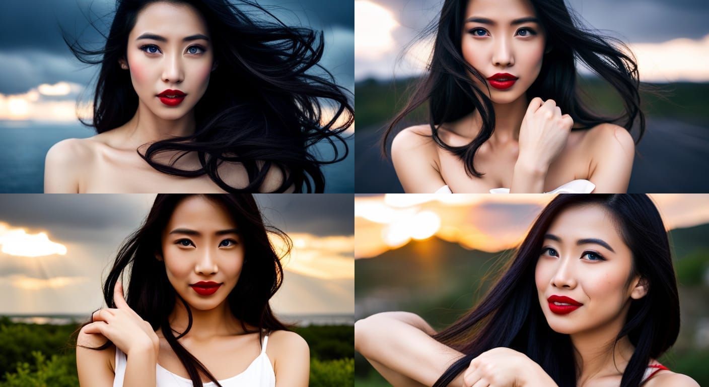 extremely beautiful, asian lady, long black hair, sapphire b...