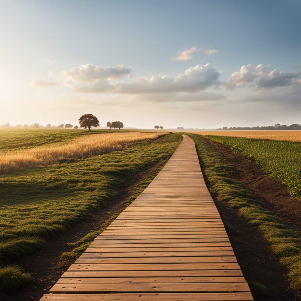 A wooden footpath in a farm field.