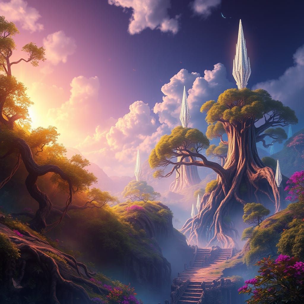 Surreal Fantasy Realm Illuminated by Golden Light