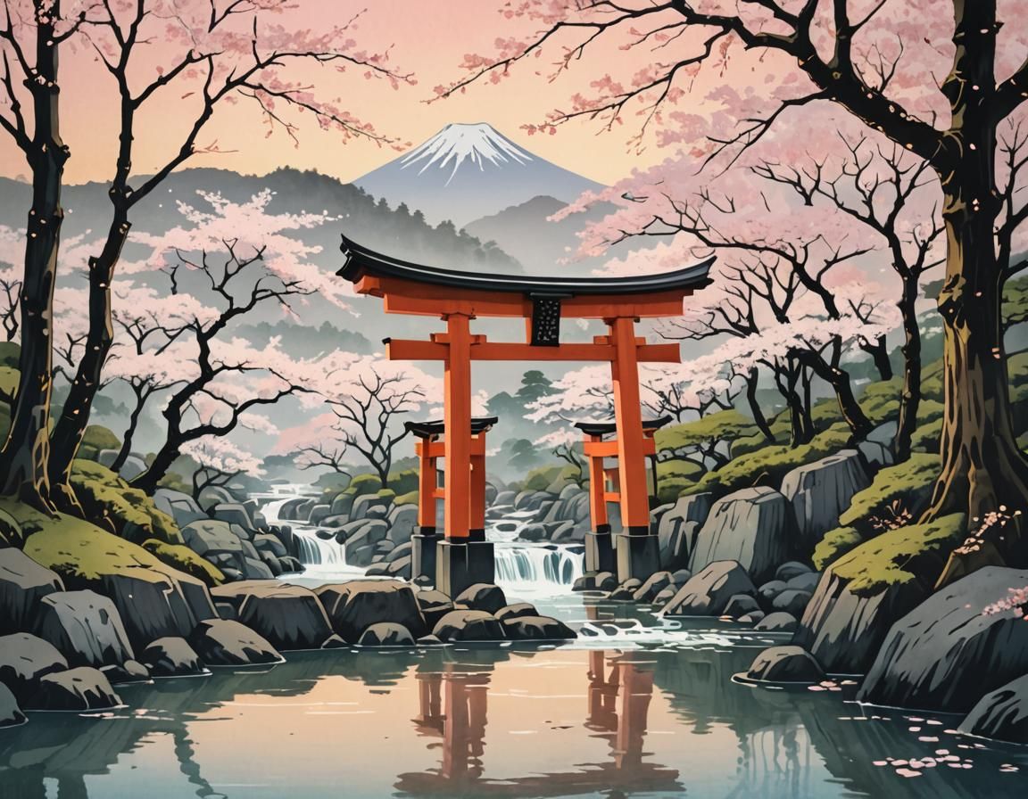 Torii Gate with Cherry Blossoms in Ukiyo-e Style