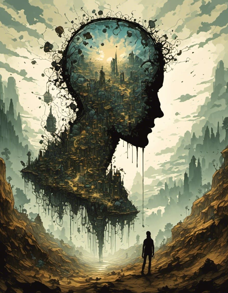 Silhouette splash art<lora:HeadSpace:1.0>  wasteland mindart, portrait of brain games ; juxtaposed layers 