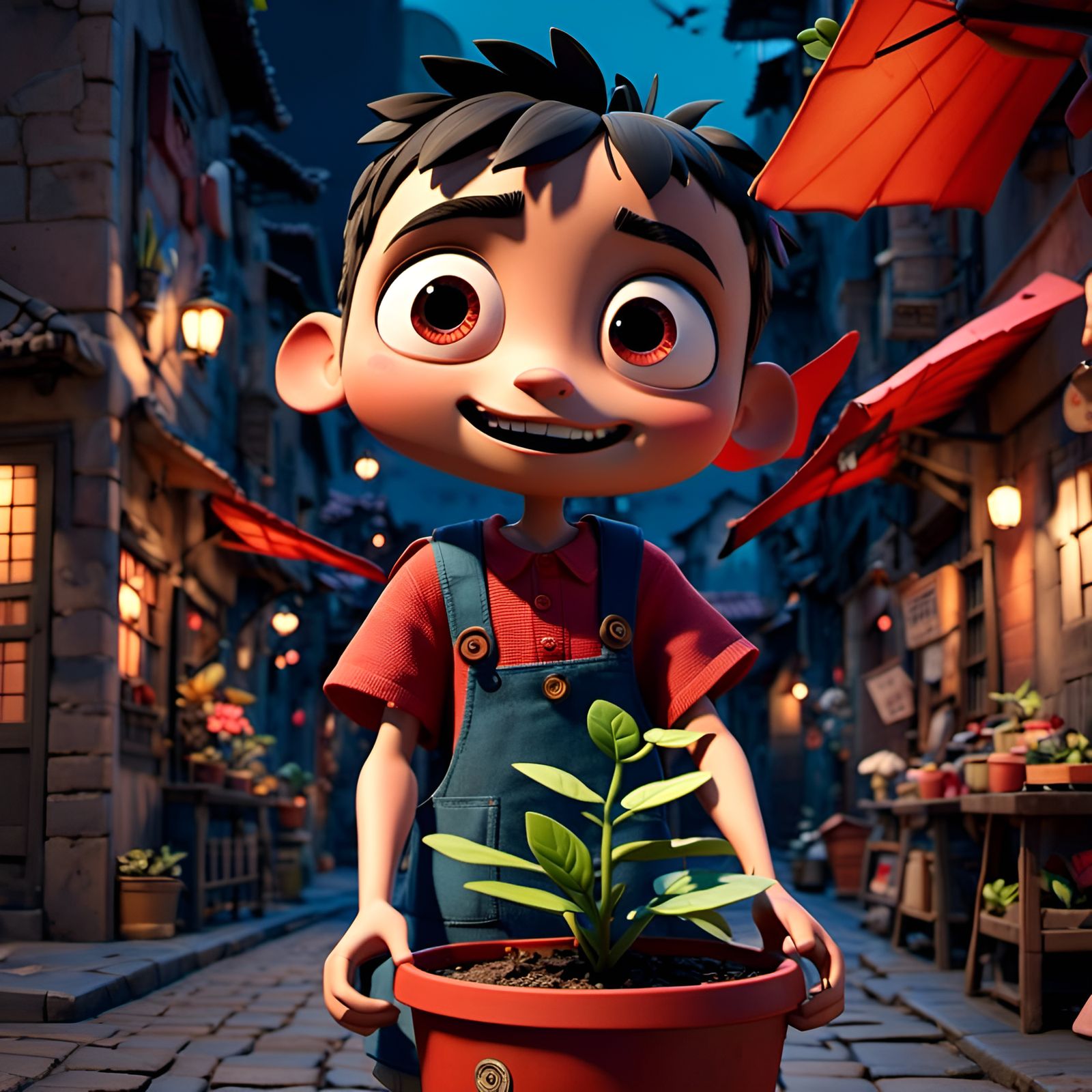 <lora:Dollify:1.0>a boy holding a potted plant at a night market
