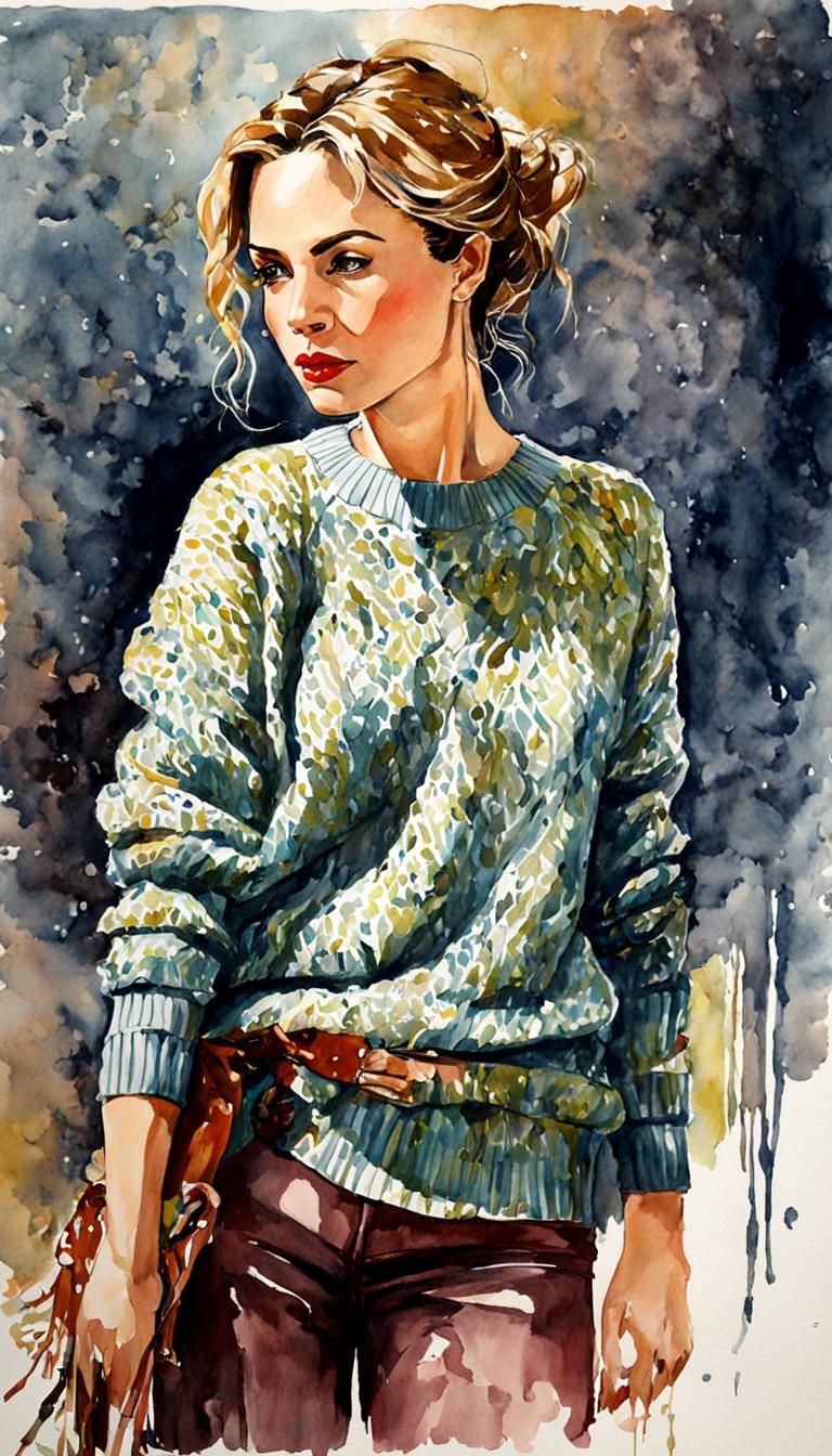 Fashion Goddess, contemplative Constance in a coarsely woven...