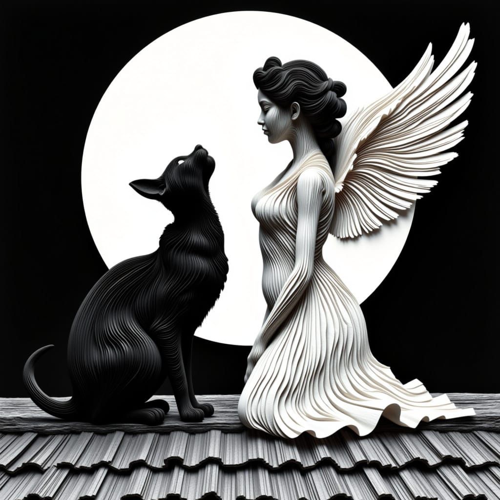 <lora:layers:1.0> A hyperbolic humorous black and white drawing of a black cat and a white angel on a tiled roof on a moonlit night, as if h...