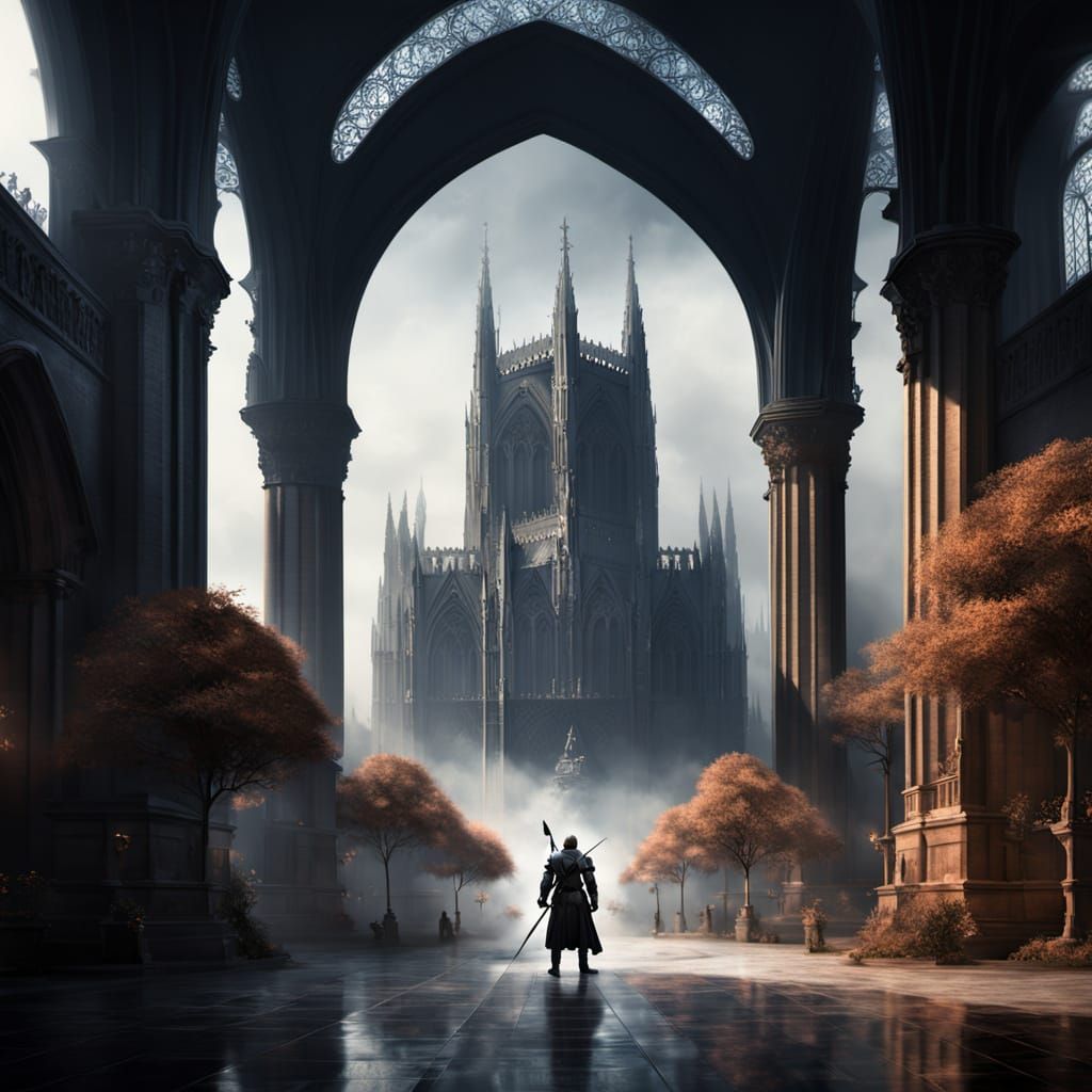 A gothic knight, her armor shimmering with starlight, standing guard before a massive, mist-shrouded gothic cathedral. 