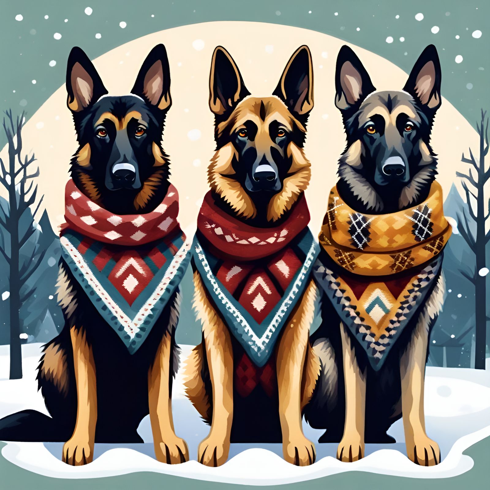 German Shepherds in argyle sweaters with long legs in a winter hat