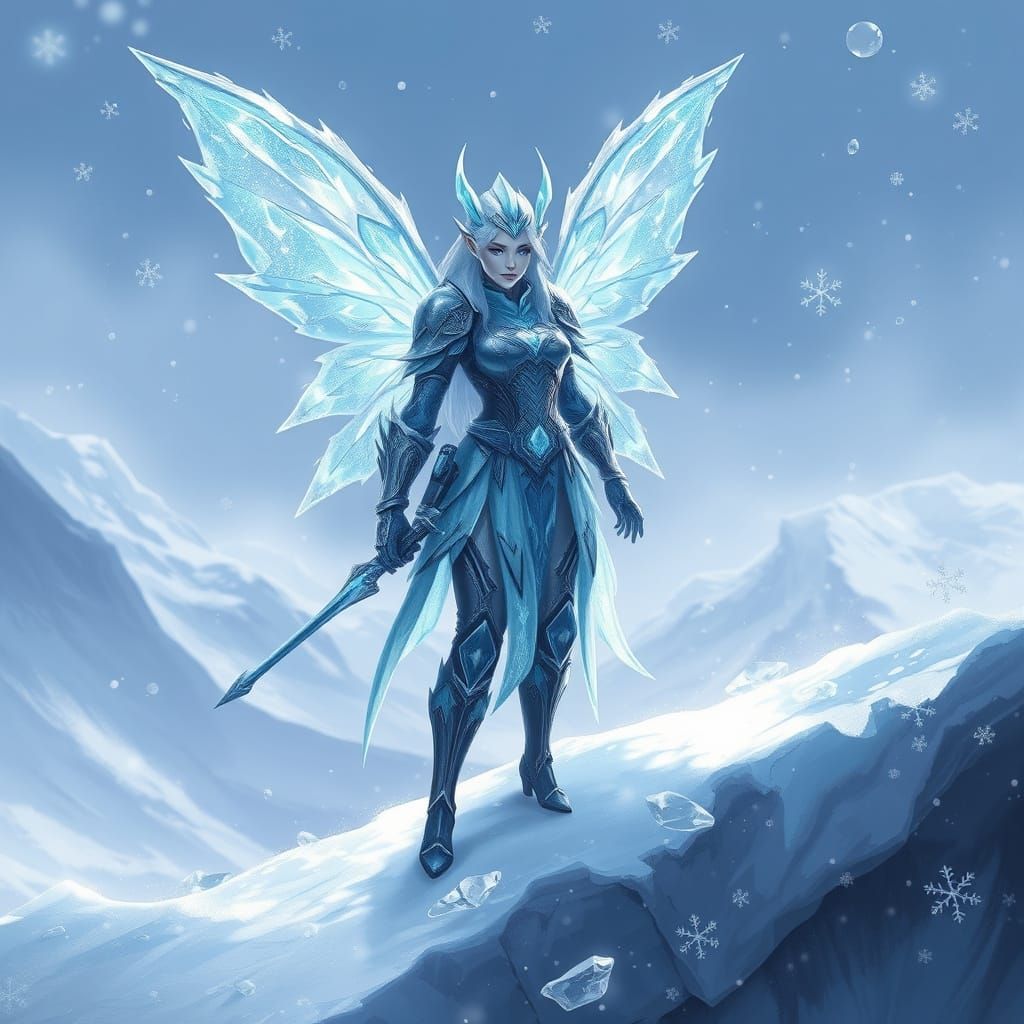Icy Warrior Fairy on Glacier in Sci-Fi Style