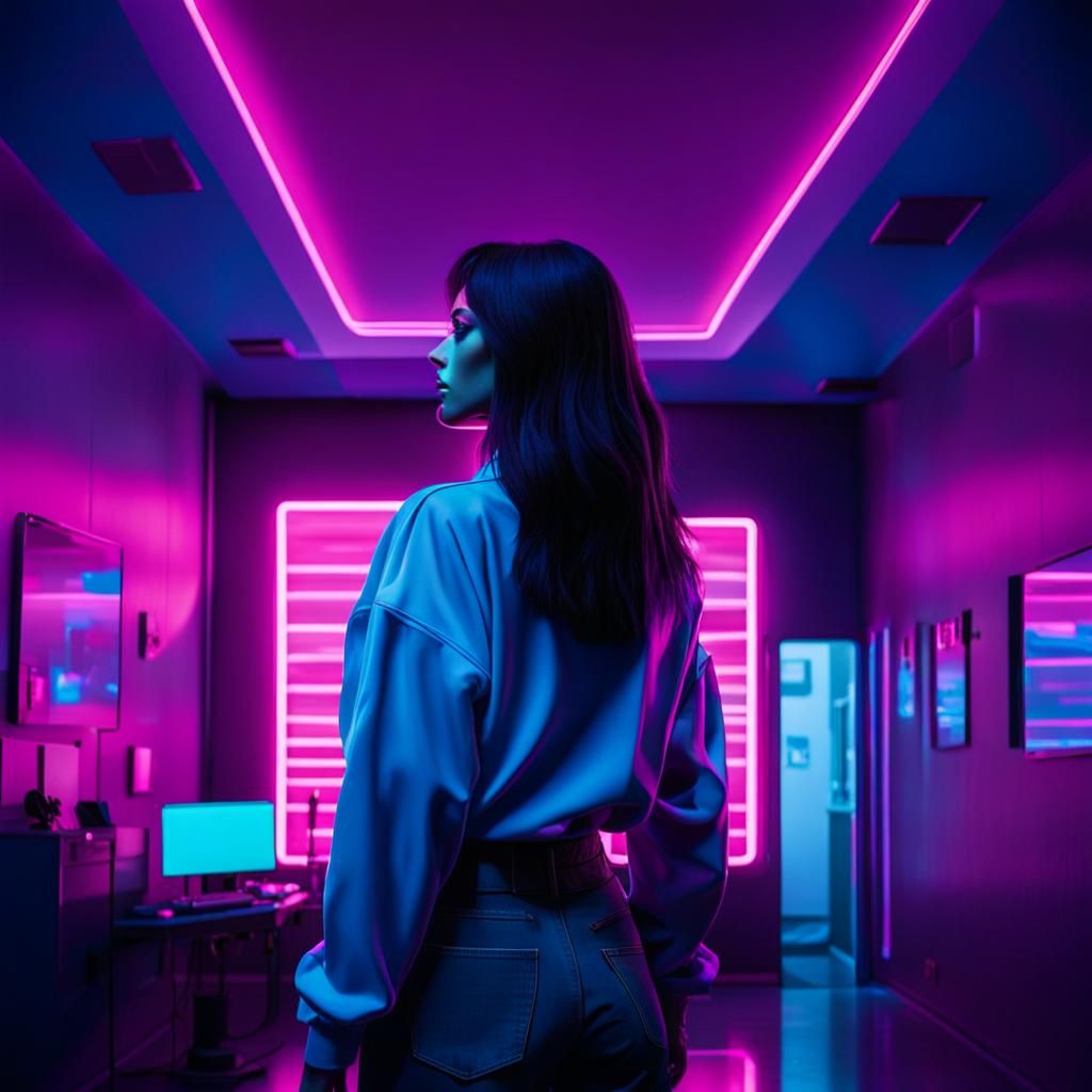 dark room with neon lights shining pink, blue, and purple on...