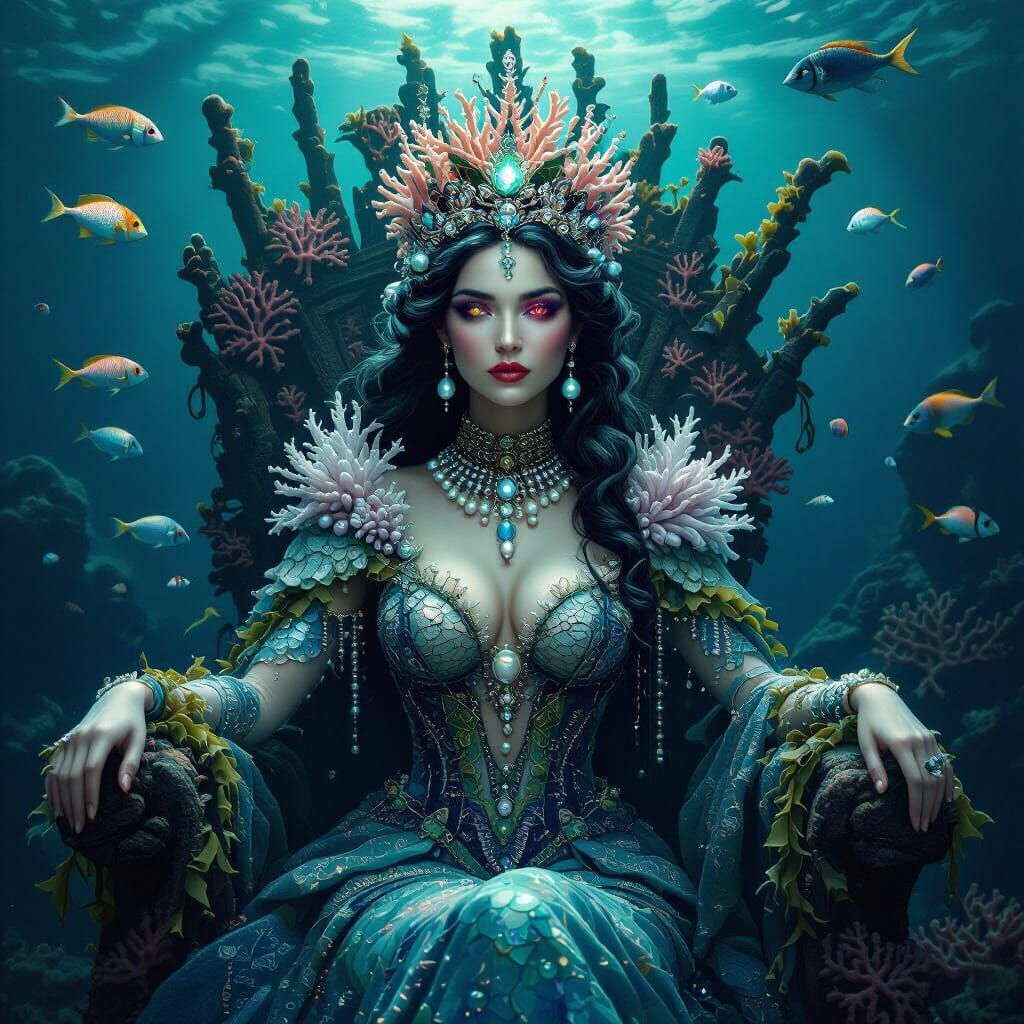 A queen of the deep sea, adorned with a crown of living coral and bioluminescent pearls. Her royal attire is woven from kelp and shimmering ...