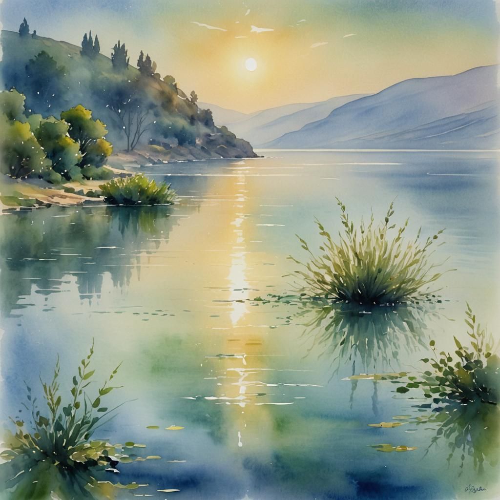 Impressionist Watercolor: Sunrise Over Sea of Galilee