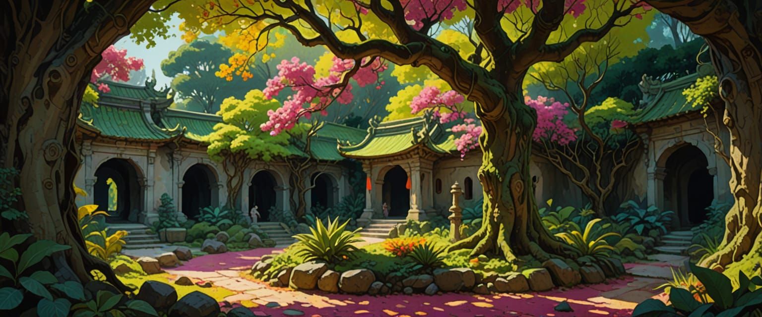 temple, white stone walls, arches, ornate carvings, overgrown with banyan tree, deers, safron-clad monks, indigo blue, rainforest, vines, pl...