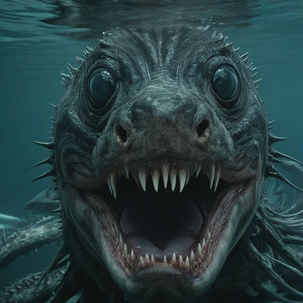Evil gargantuan sea monster looking at the viewer underwater.