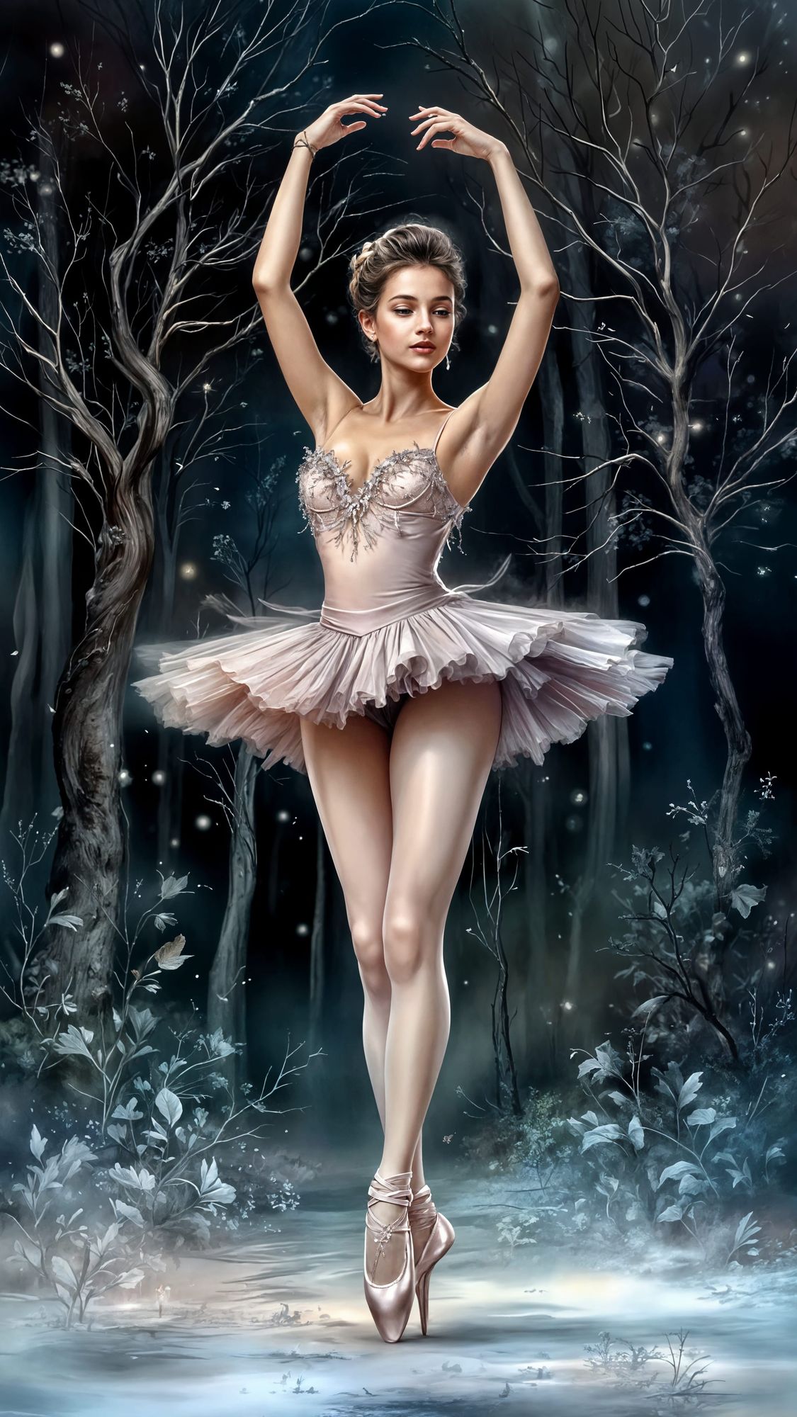 A ballerina on pointe, dancing on water surrounded by beautiful and colorful flowers.Bathed in the ethereal glow of the sun light