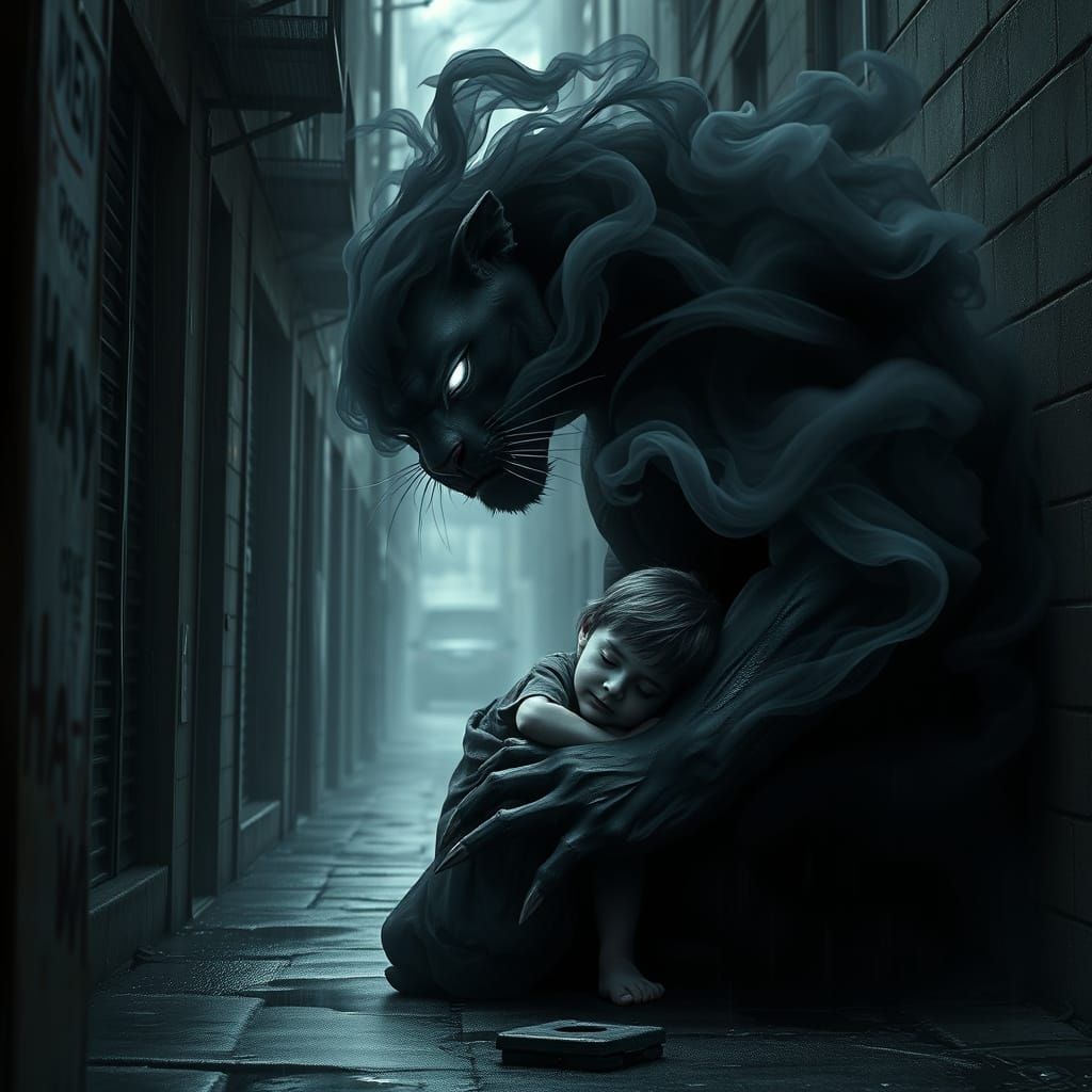 A large, shadowy beast resembling a panther, but made of shifting black smoke and whispers of darkness. ...  by @liliana feliciano